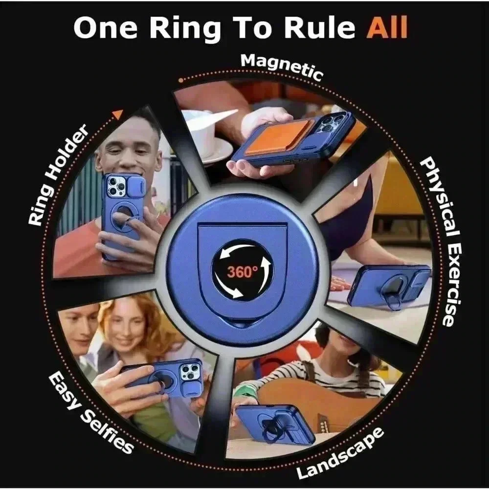360 Rotatable‎ Magnetic Ring Case With Camera Cover For 13 Pro Max 6.7” Blue